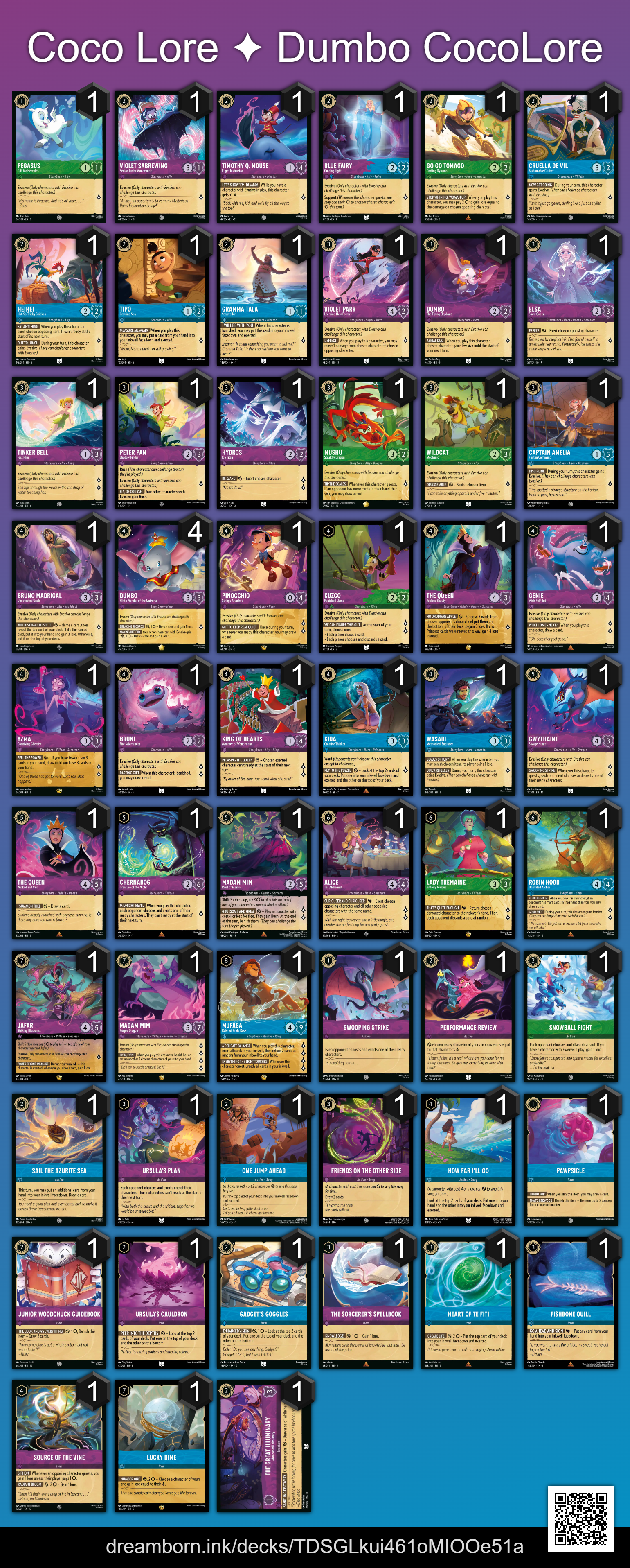 Dumbo coconut deck for Lorcana Format Coconut, all 60 cards across Amethyst, Sapphire and Emerald