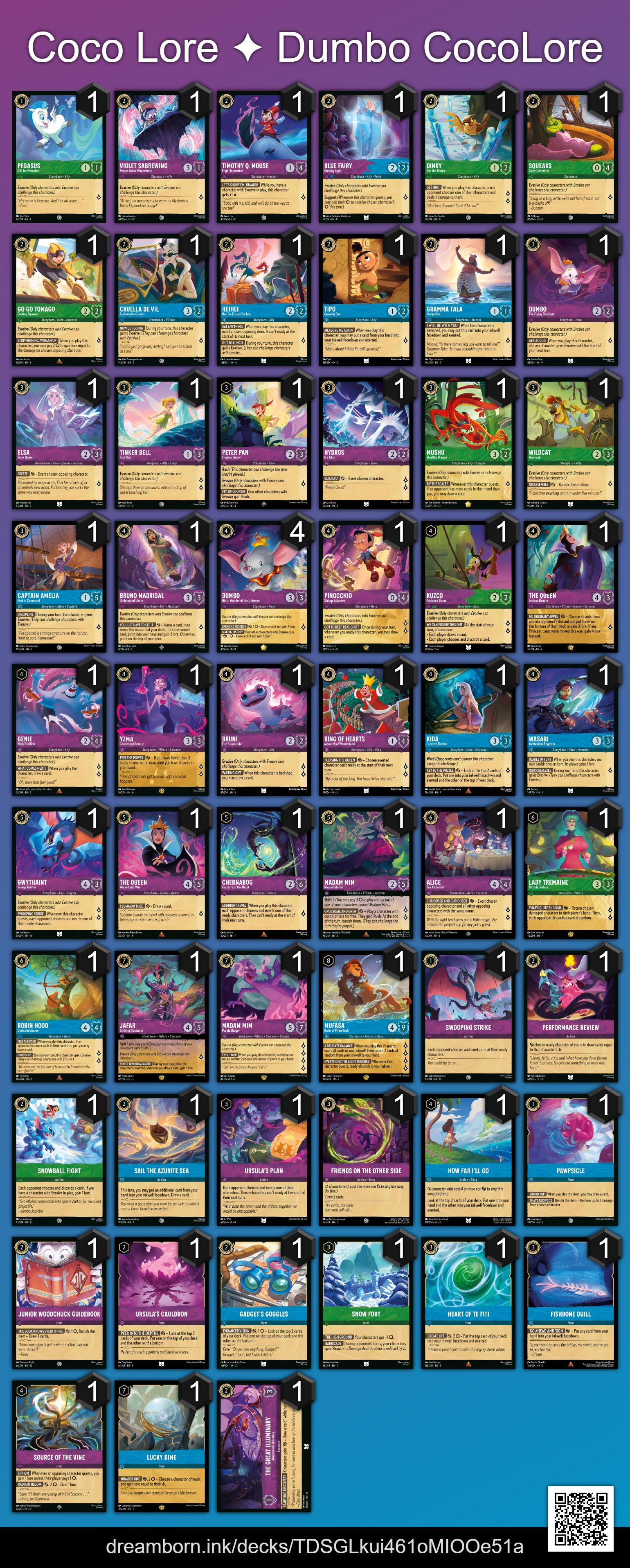 Dumbo coconut deck for Lorcana Format Coconut, all 60 cards across Amethyst, Sapphire and Emerald